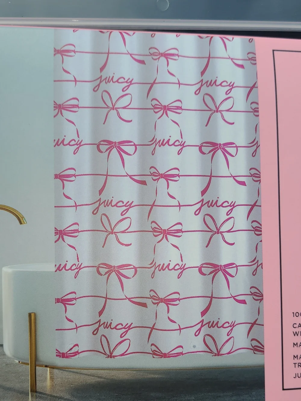 Juicy Couture White Shower Curtain with Pink Bow & Script Pattern